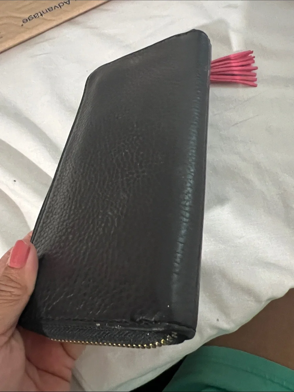Fossil Black Leather Wristlet Wallet with Pink Tassel Charm